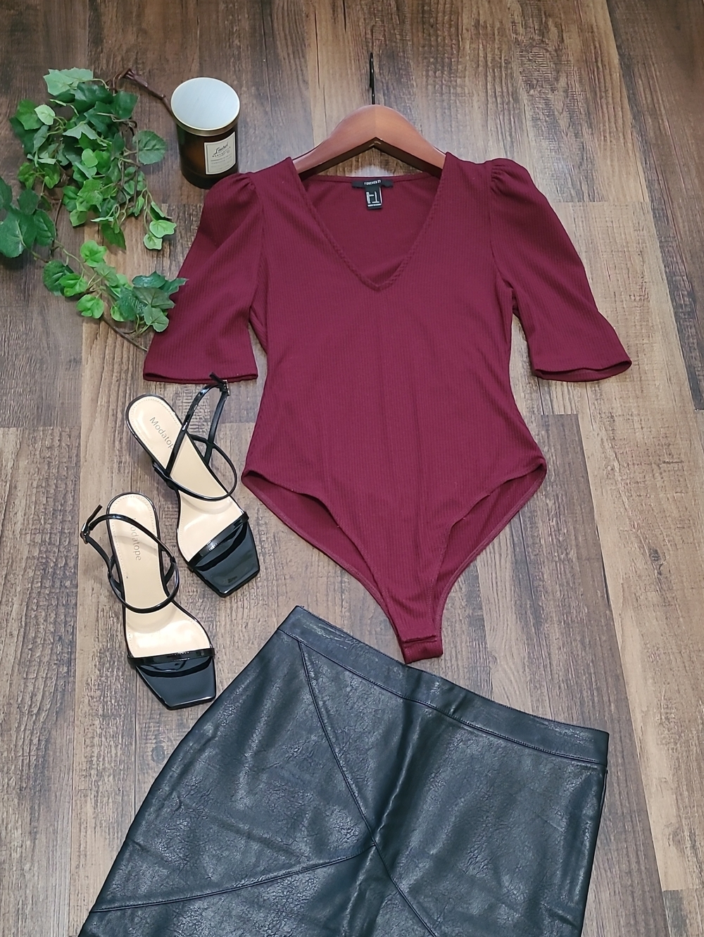 Forever 21 Burgundy Ribbed Puff Sleeve Bodysuit